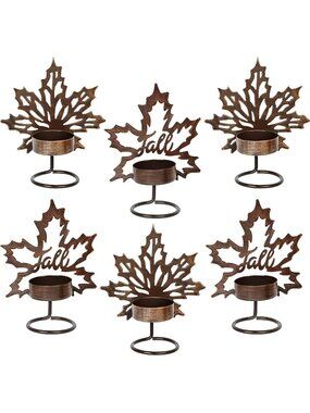 Set of 6 Maple Leaf Tea Light Candle Holders Metal Thanksgiving Centerpiece